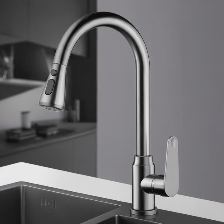 SWIVELUX Wasserhahn, ausziehbar und 360° drehbar, in zeitloser Chrom-Optik.