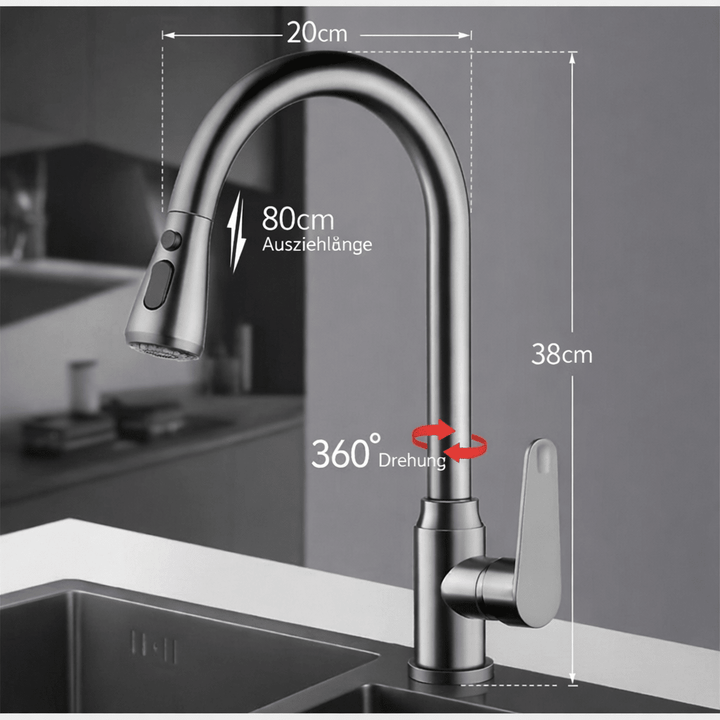 Hochwertige SWIVELUX Küchenarmatur, 360 Grad drehbar, ausziehbar, in moderner Optik.