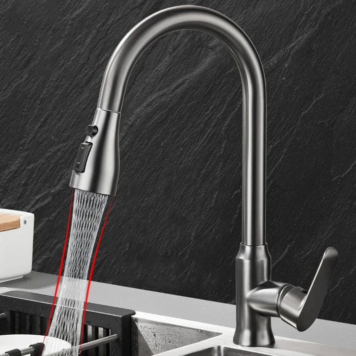SWIVELUX Spültischarmatur in Edelstahloptik, 360° drehbar, mit ausziehbarem Wasserhahn.