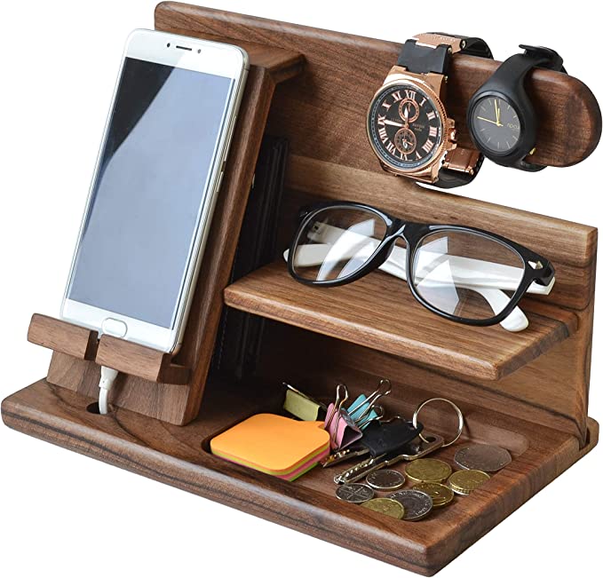 Elegante Telefon-Dockingstation aus Massivholz, Schreibtisch-Organizer für Handy, Schlüssel & Zubehör.