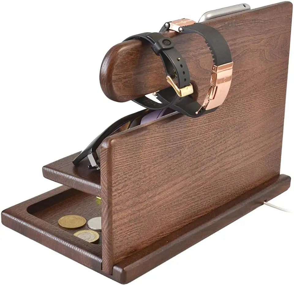 Handgefertigter Schreibtisch-Organizer aus dunklem Massivholz, mit Halterung für Handy und kleine Gegenstände.