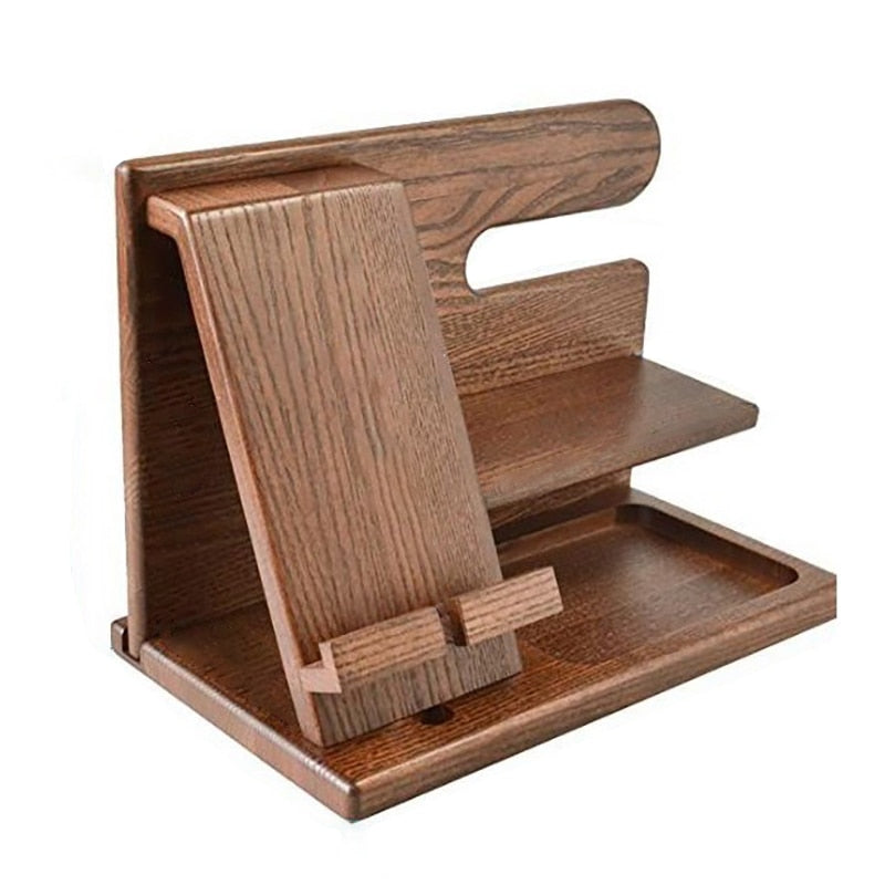Holz-Dockingstation als Schreibtisch-Organizer für Smartphone, Uhr, Schlüssel und andere Büro-Accessoires.