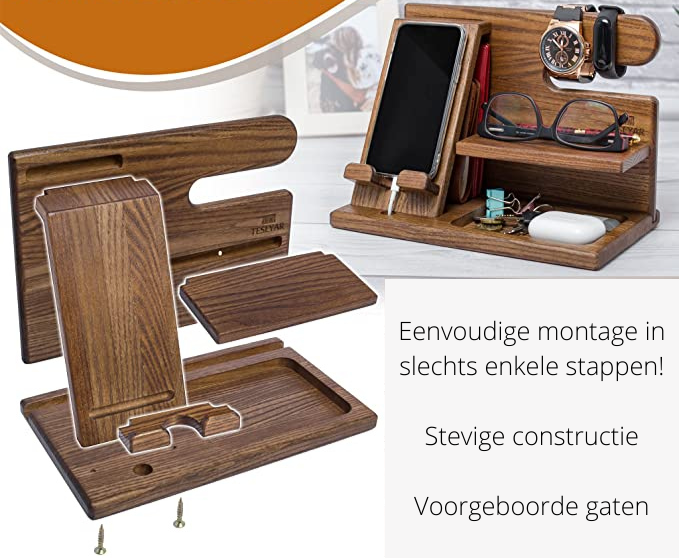 Detailansicht der hochwertigen Holz-Dockingstation mit präzisen Aussparungen für Handy und Ladekabel.