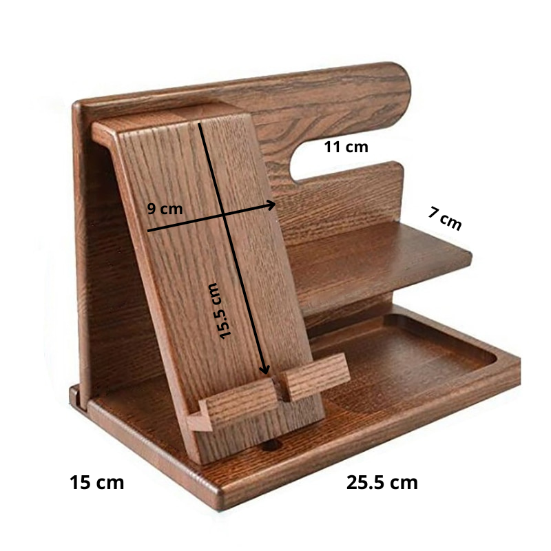Stilvolle Geschenkidee: Telefon-Dockingstation aus Holz, idealer Desktop-Organizer für jedes Büro oder Zuhause.