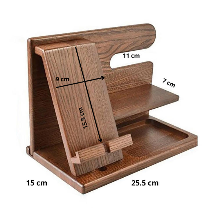 Stilvolle Geschenkidee: Telefon-Dockingstation aus Holz, idealer Desktop-Organizer für jedes Büro oder Zuhause.