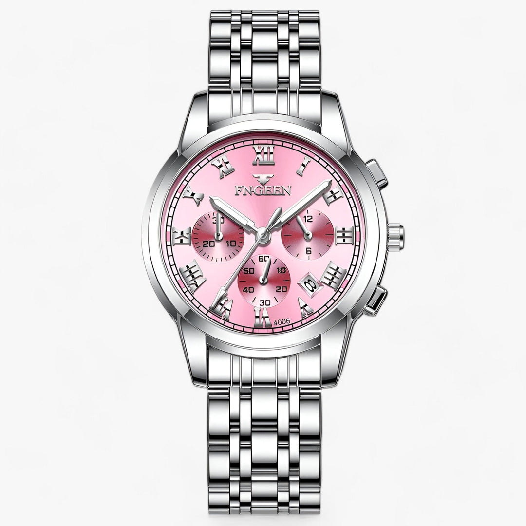 Clémence Luxus Titan Damenuhr von der Seite, zeigt das schlanke Profil & das Leuchtzifferblatt. Elegante Armbanduhr.