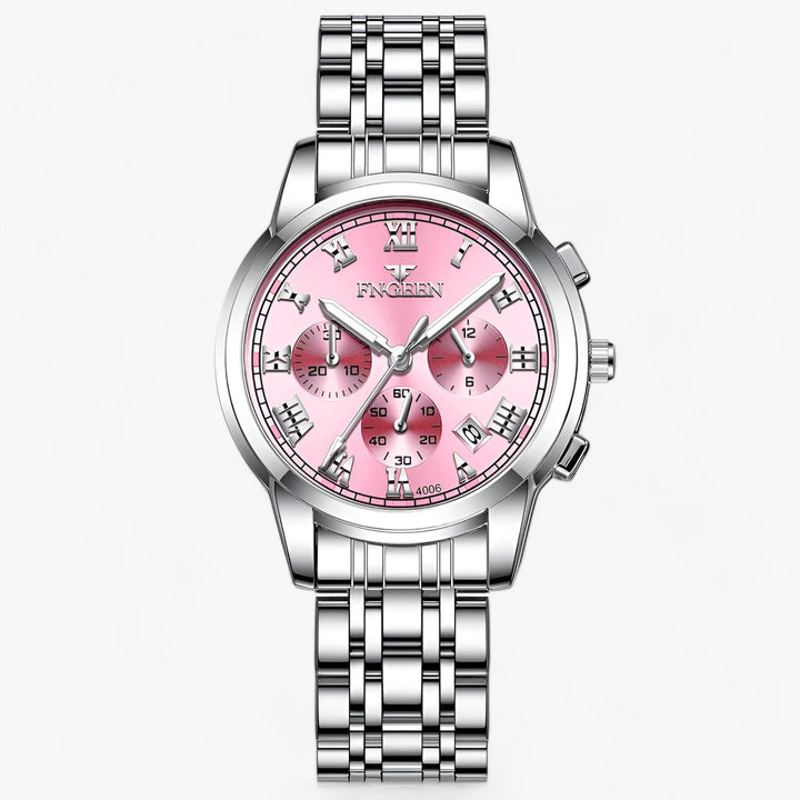 Clémence Luxus Titan Damenuhr von der Seite, zeigt das schlanke Profil & das Leuchtzifferblatt. Elegante Armbanduhr.
