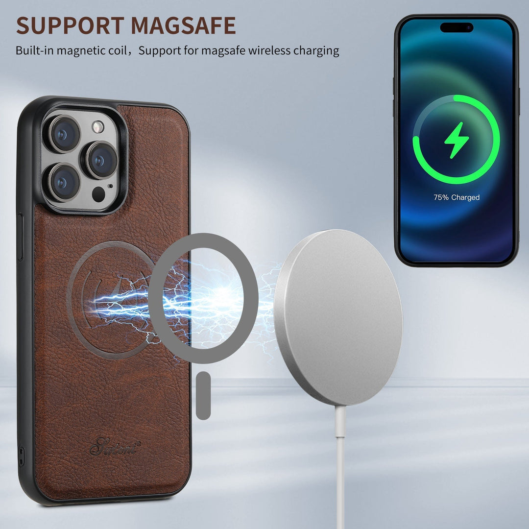 Leder iPhone Schutzhülle mit MagSafe für kabelloses Laden, Kartenhalter. Unisex, passend für iPhone 12, 13, 14, 15.