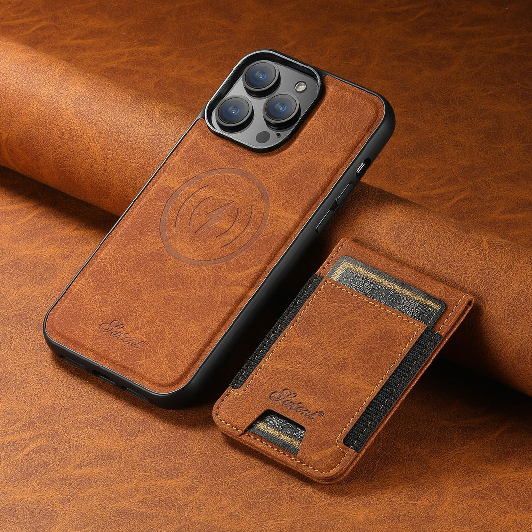 Stilvolle Unisex Schutzhülle aus Leder mit Kartenhalter und MagSafe. Perfekt für iPhone 12, 13, 14, 15.