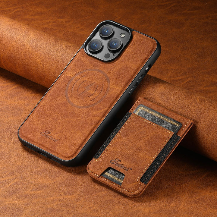 Stilvolle Unisex Schutzhülle aus Leder mit Kartenhalter und MagSafe. Perfekt für iPhone 12, 13, 14, 15.