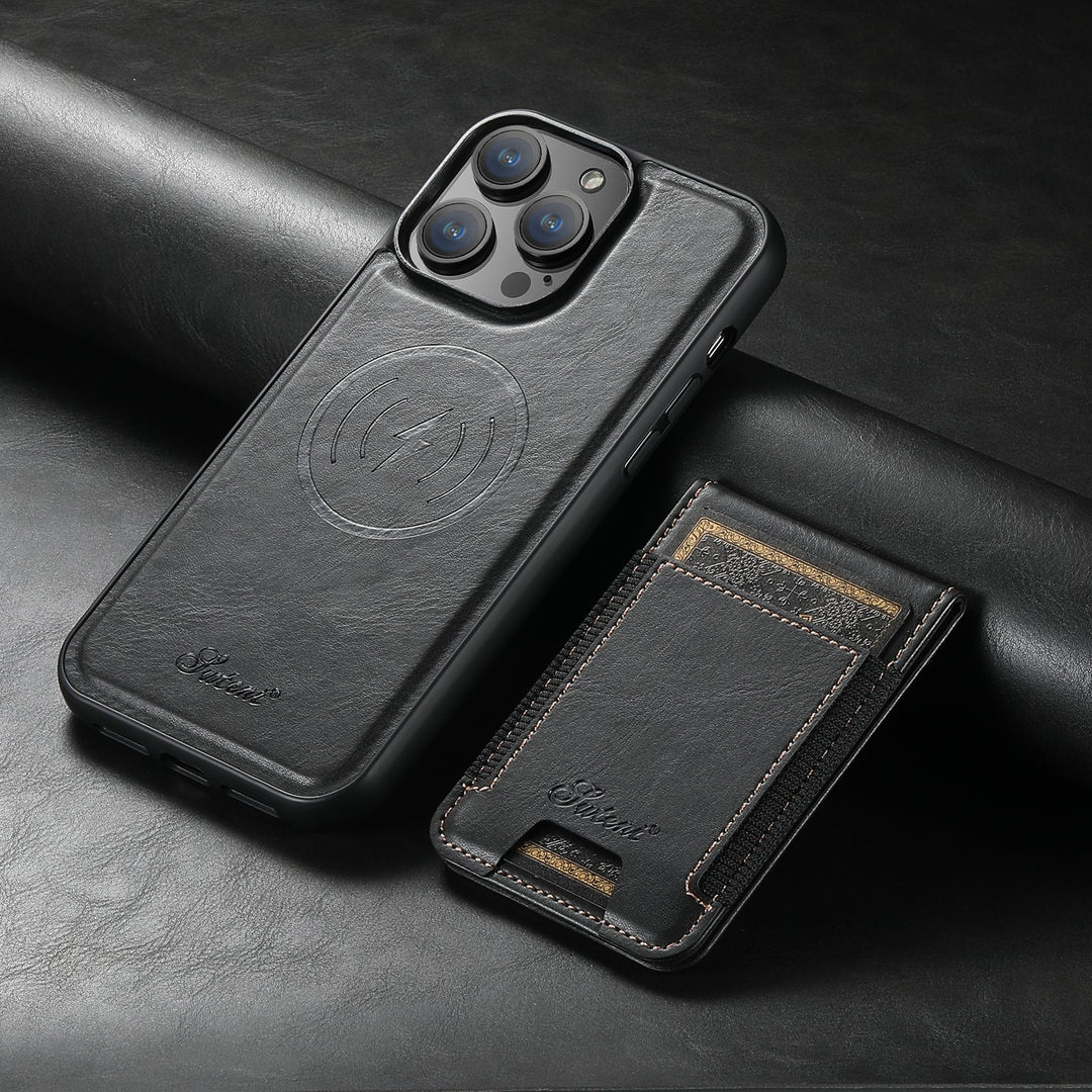 Elegante MagSafe Lederhülle mit Kartenhalter und Ständerfunktion für iPhone Modelle. Robust und praktisch.