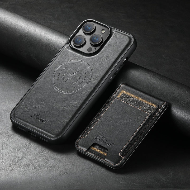 Elegante MagSafe Lederhülle mit Kartenhalter und Ständerfunktion für iPhone Modelle. Robust und praktisch.