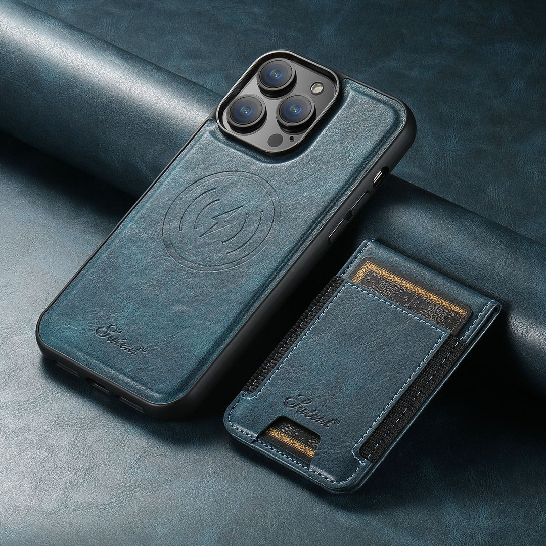 Unisex Premium Leder Handyhülle mit Kartenhalter, MagSafe und integrierter Standfunktion für iPhones.