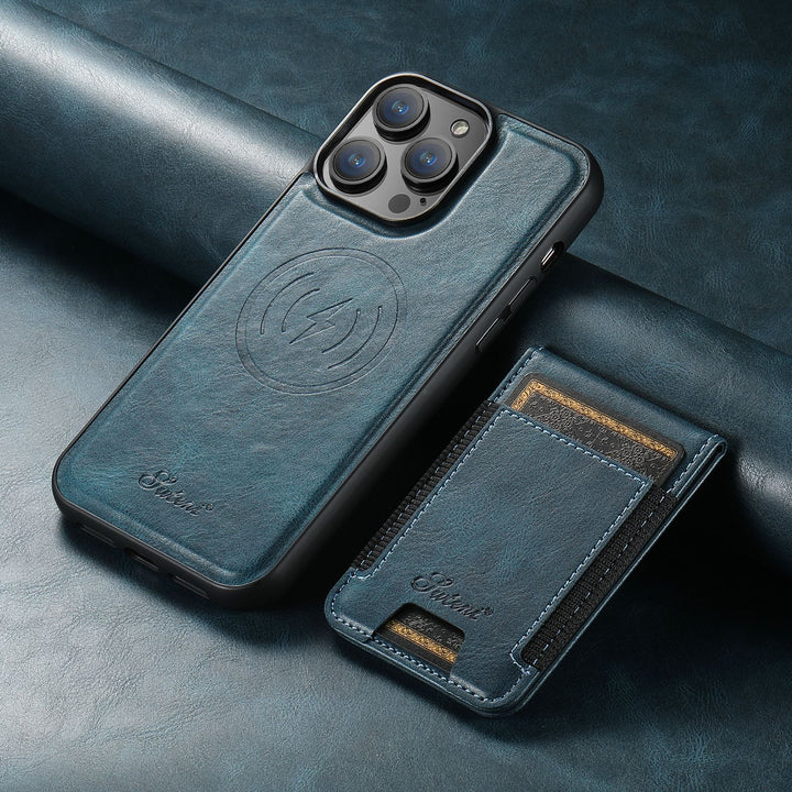 Unisex Premium Leder Handyhülle mit Kartenhalter, MagSafe und integrierter Standfunktion für iPhones.