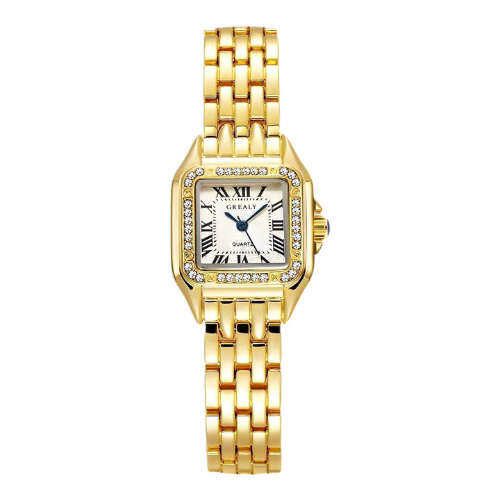 Goldene Vintage Quarz-Damenuhr aus Edelstahl. Edles Mode-Accessoire mit Glitzer-Akzenten für luxuriösen Stil.