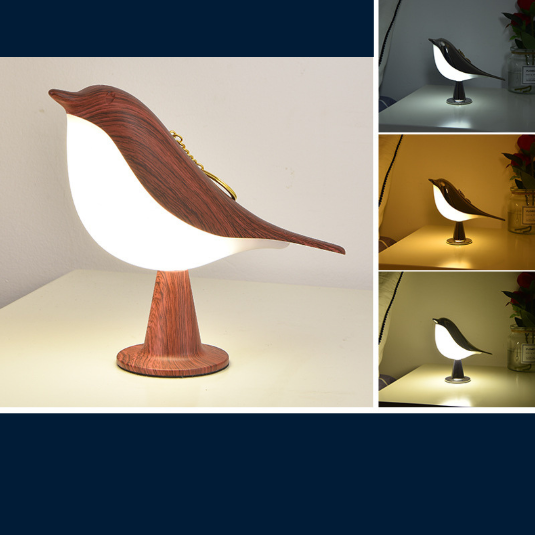 Elegante Vogel LED Tischlampe, kabellos, mit 3 Helligkeitsstufen für gemütliche Innenbeleuchtung.