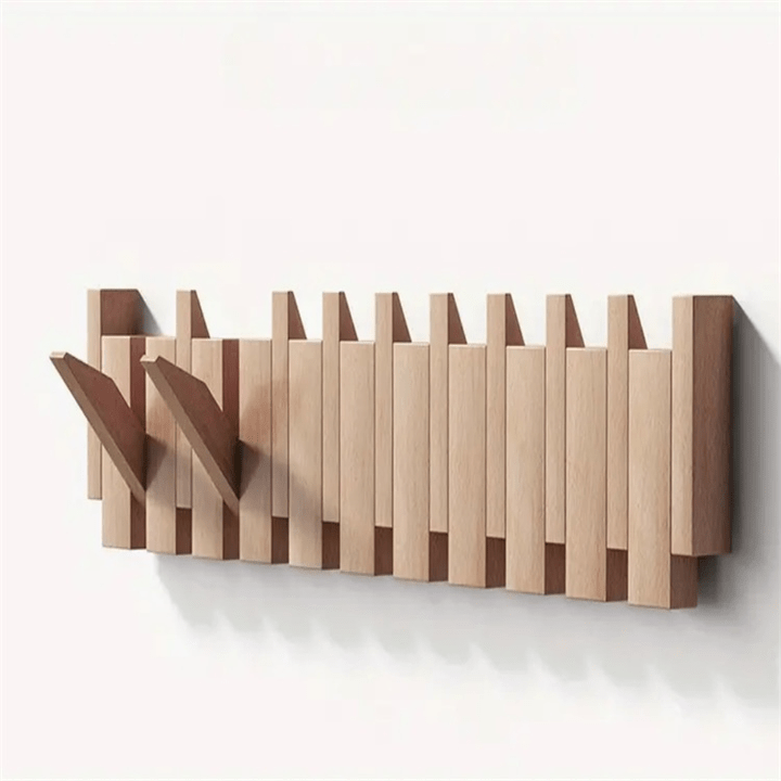 Wandgarderobe im Klavierdesign aus edlem Buchenholz, handgefertigt mit ausklappbaren Haken für Mäntel.