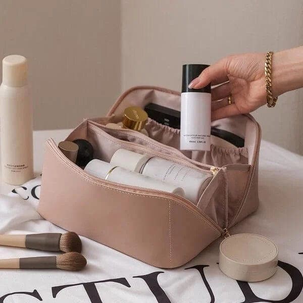 Multifunktionale Damen Make-up Aufbewahrungstasche, wasserfest aus Oxford Stoff, verstellbar, in Beige/Rosa.