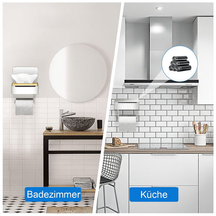 Platzsparender WC-Rollenhalter mit integrierter Taschentuchbox & Ablage, wandmontiert, Badorganisation.
