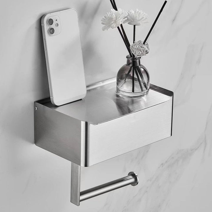 Moderner Toilettenpapierhalter aus Edelstahl, silber/schwarz, mit Ablage & Taschentuchbox für Badezimmer.