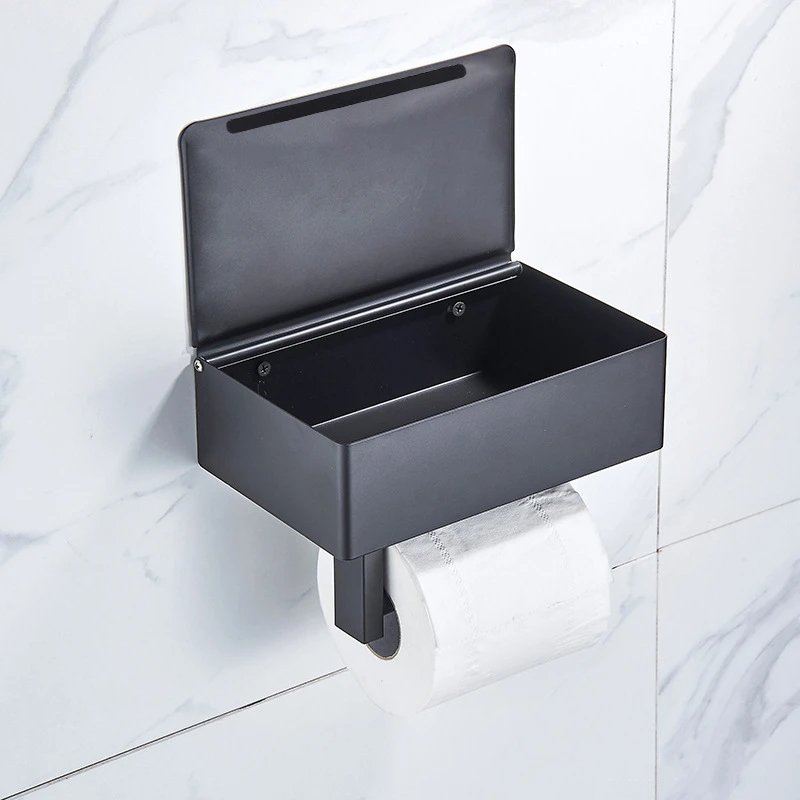 Multifunktionaler Toilettenpapierhalter aus Edelstahl für das Bad mit integrierter Ablage & Taschentuchbox.