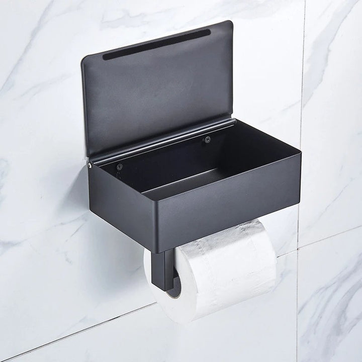 Multifunktionaler Toilettenpapierhalter aus Edelstahl für das Bad mit integrierter Ablage & Taschentuchbox.