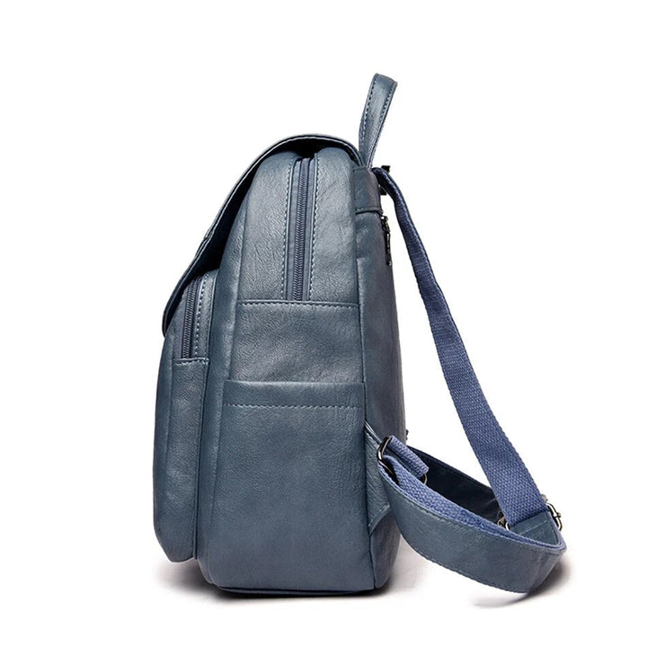 Blauer Lederrucksack für Damen, moderner Alltagsrucksack aus hochwertigem Echtleder.