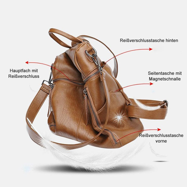 Khaki Damenrucksack aus PU Leder, großzügiger Stauraum, ideal als Reisetasche & Handtasche.