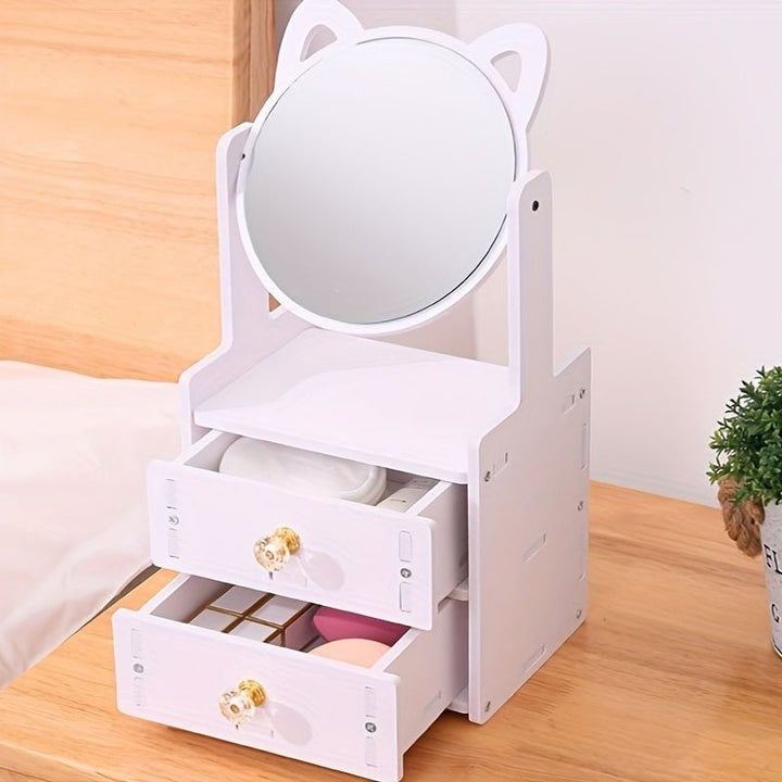 Multifunktionaler Schminkspiegel für Damen; bietet praktische Aufbewahrung für Beauty-Produkte und Schmuck.