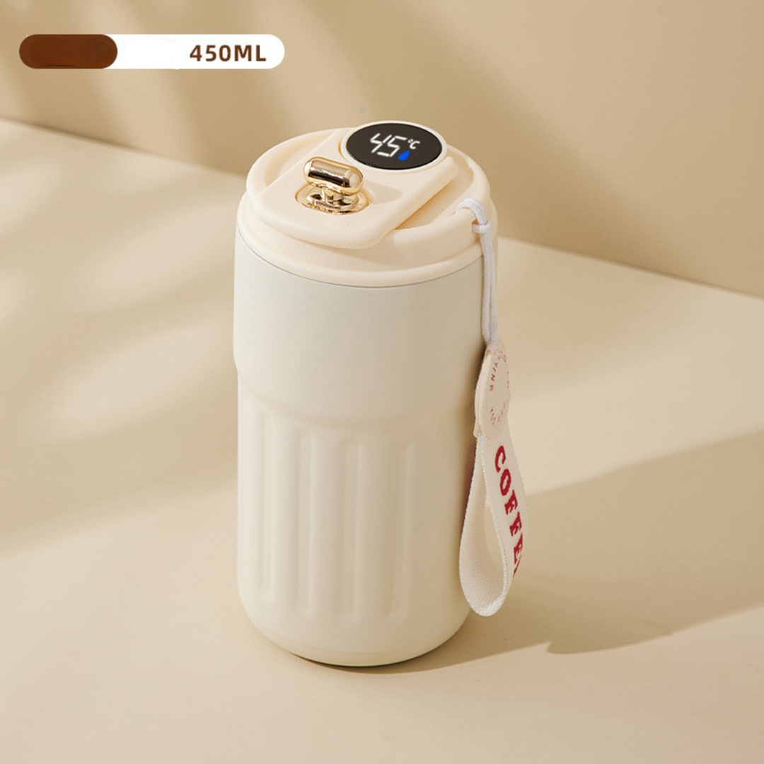 Eleganter Edelstahl-Thermobecher 450ml mit LED Temperaturanzeige, ideal als Geschenkidee.