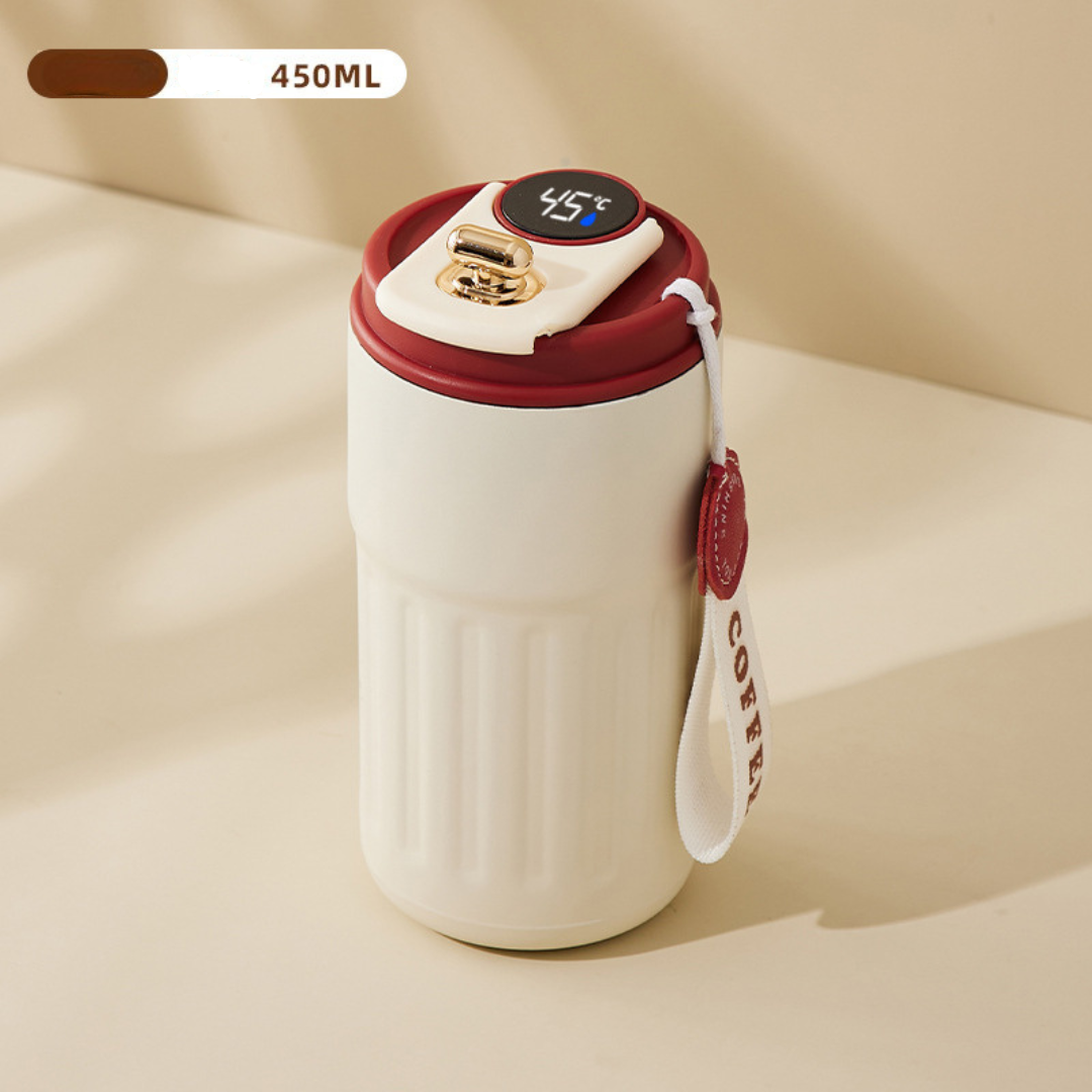 Kompakter Thermobecher 450ml, Edelstahl, mit LED-Touch-Display zur Temperaturkontrolle.