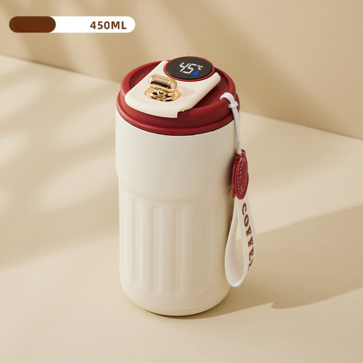 Kompakter Thermobecher 450ml, Edelstahl, mit LED-Touch-Display zur Temperaturkontrolle.