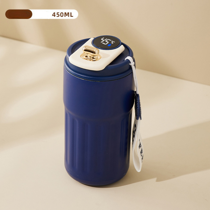 Stylischer Edelstahl-Kaffeebecher 450ml mit LED Anzeige, hält Getränke stundenlang heiß/kalt.