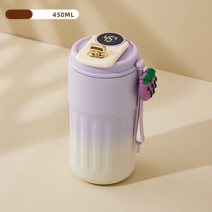 Praktischer Edelstahl Isolierbecher 450ml mit LED Temperaturanzeige für heiße und kalte Drinks.