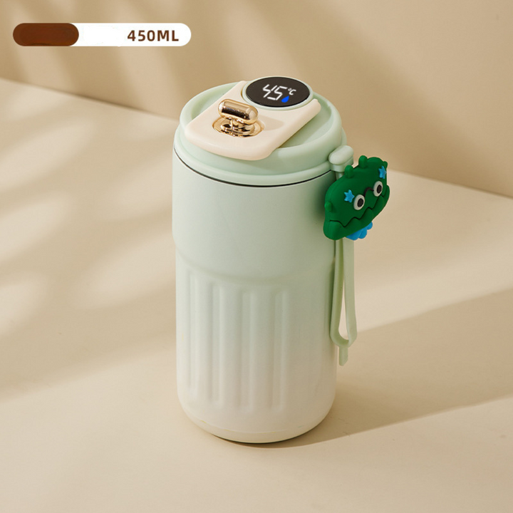 Eleganter Kaffee-Thermobecher 450ml aus Edelstahl mit LED-Temperaturanzeige für unterwegs.