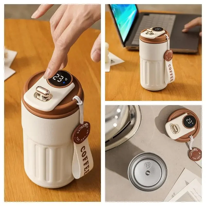 Moderner Kaffeebecher Edelstahl 450ml, LED Anzeige, perfekt für Büro & Reise, hält Getränke warm.
