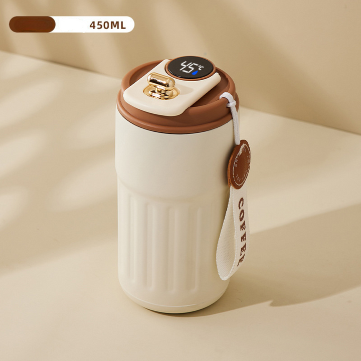 Kaffee Thermobecher 450ml Edelstahl, mit innovativer LED Temperaturanzeige für Pendler.