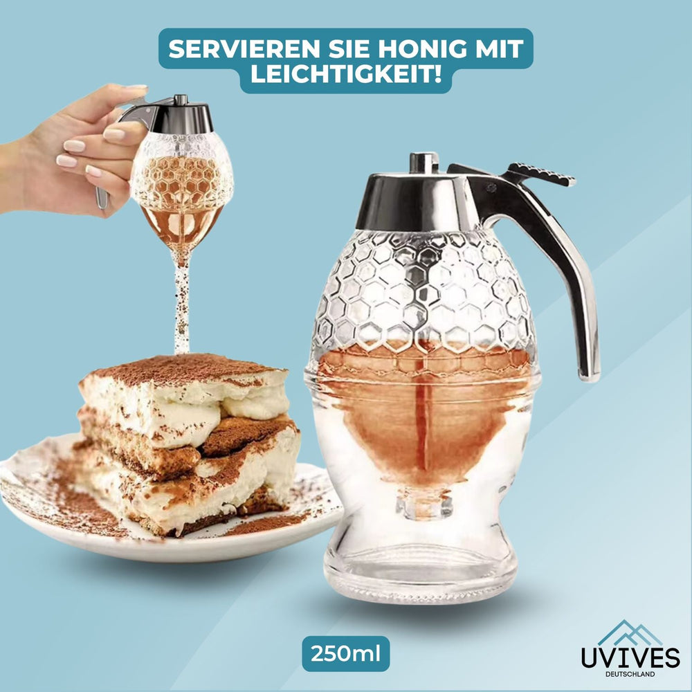 Praktischer HoneyFlow Honigspender für das Frühstück, ein sauberer Küchenhelfer zum tropffreien Servieren von Honig.