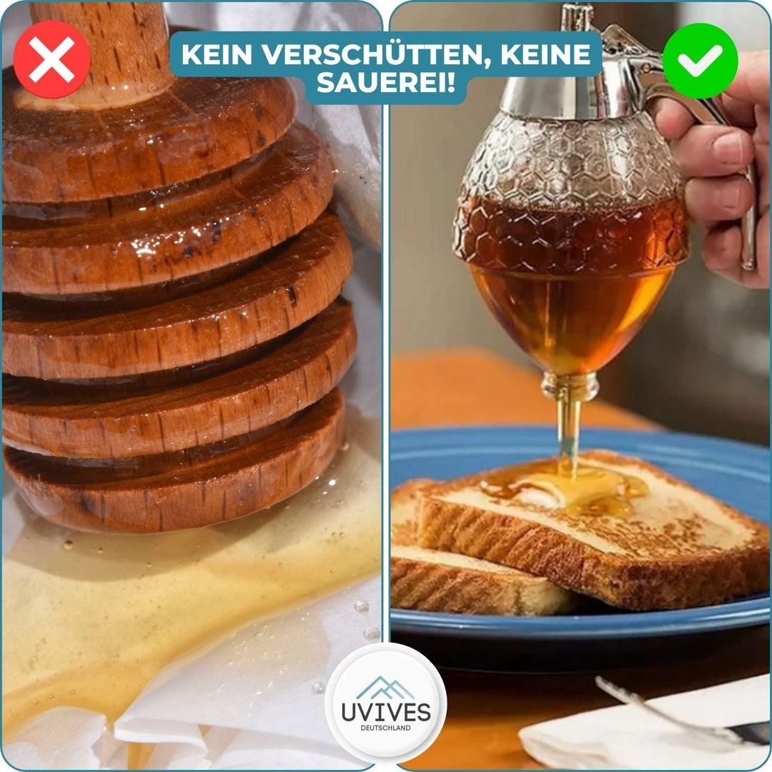 Stilvoller HoneyFlow Honig- & Sirupspender mit eleganter Wabenoptik, ideal für sauberes Dosieren am Frühstückstisch.