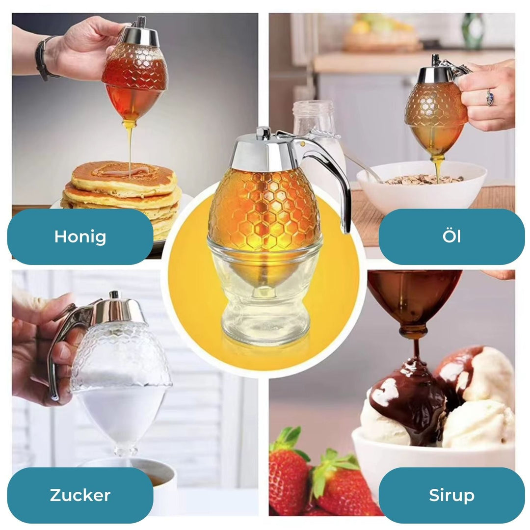 Geschenkidee: Eleganter HoneyFlow Honigspender mit Wabenoptik, ein praktischer tropffreier Küchenhelfer für Honigliebhaber.