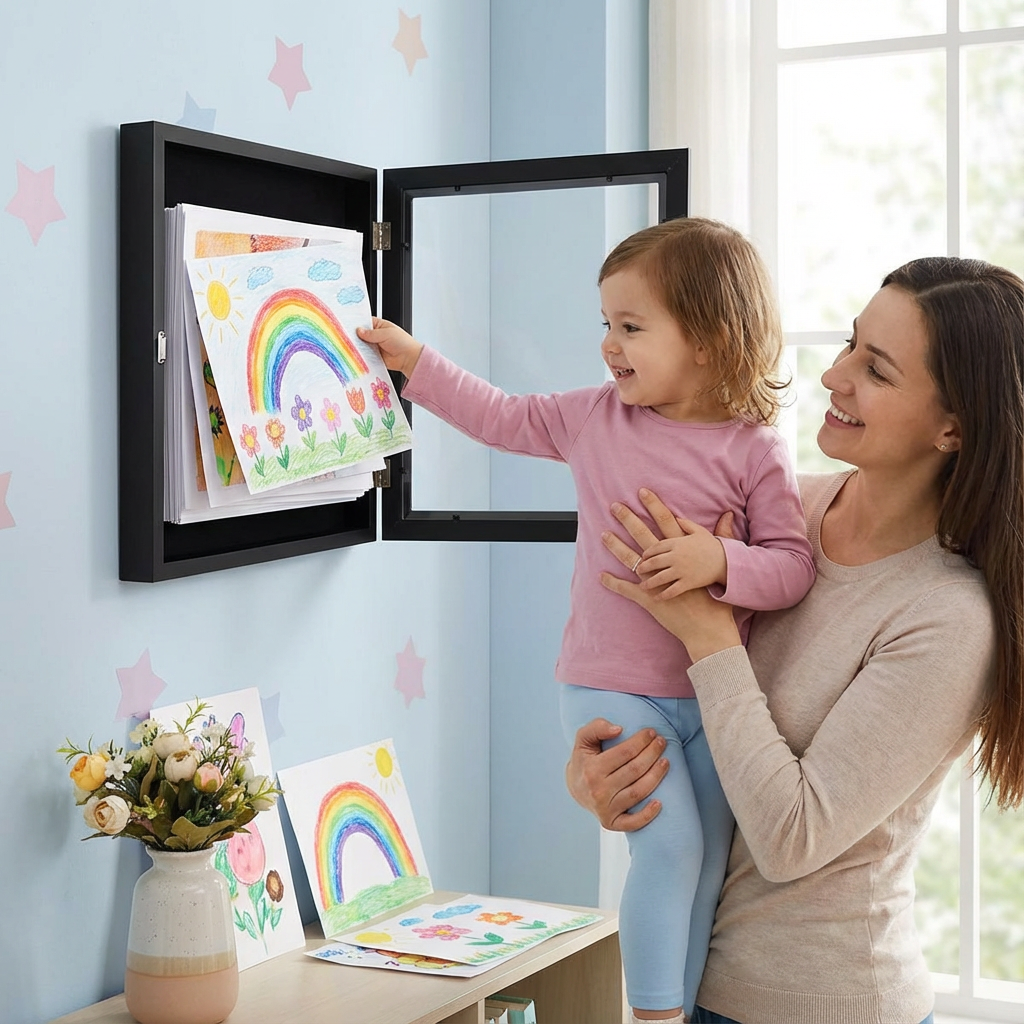 Eleganter Kinder-Bilderrahmen aus Holz für die Präsentation von bis zu 150 Kinderkunstwerken; ideal für Kinderzimmerdeko.