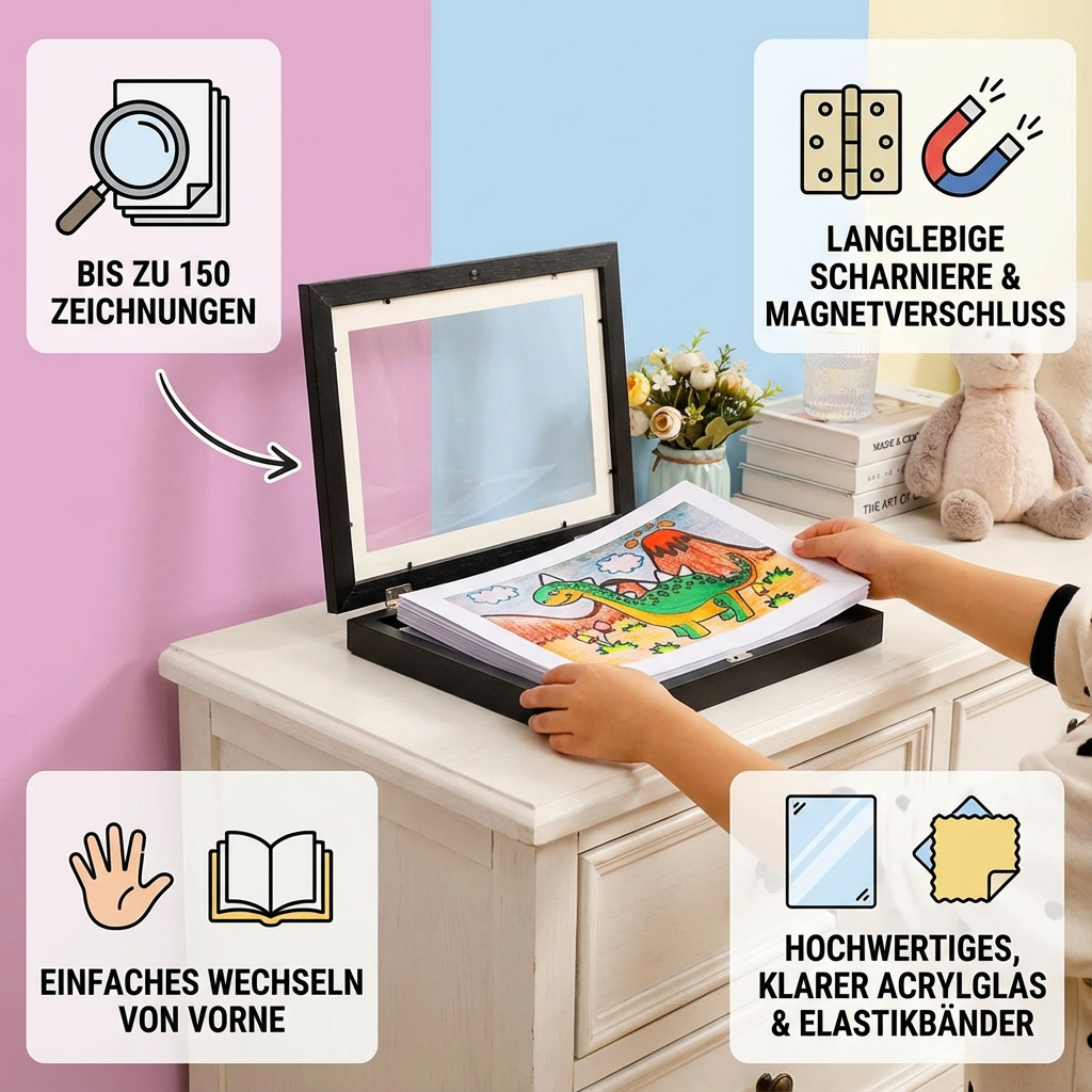 Stilvoller Holzrahmen als Organizer für Kinderkunstwerke; perfekte Kinderzimmerdeko für Zeichnungen & Bilder.
