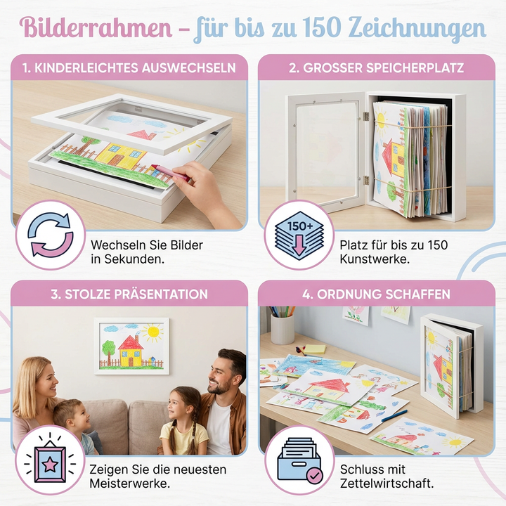 Multifunktionaler Kinder-Bilderrahmen aus Holz: Organizer für Zeichnungen, Kunstwerke & kreative Galerie.