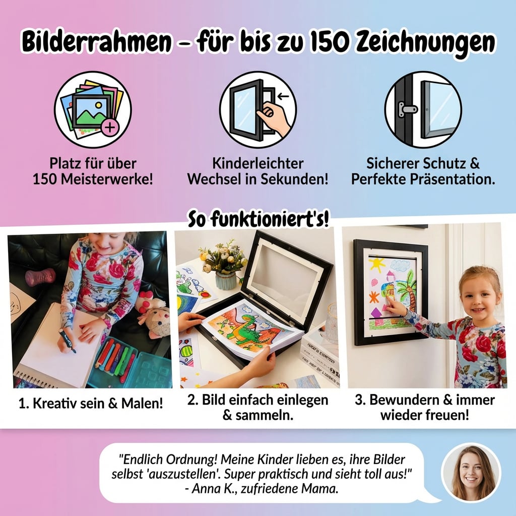 Holz-Galerie für Kinderzeichnungen; dieser Bilderrahmen präsentiert bis zu 150 Kunstwerke im Kinderzimmer.