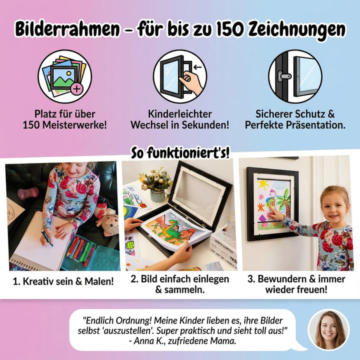 Holz-Galerie für Kinderzeichnungen; dieser Bilderrahmen präsentiert bis zu 150 Kunstwerke im Kinderzimmer.