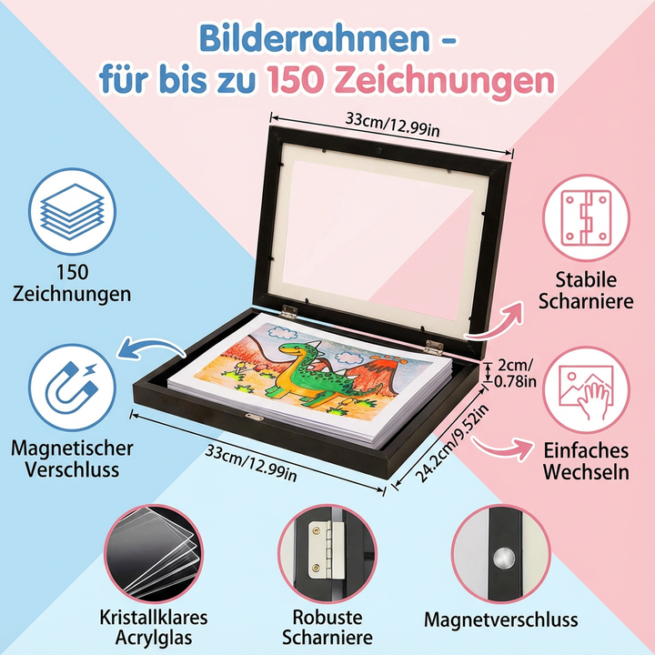Ideale Geschenkidee: Kinder-Bilderrahmen aus Holz zur Präsentation von bis zu 150 Kunstwerken und Zeichnungen.