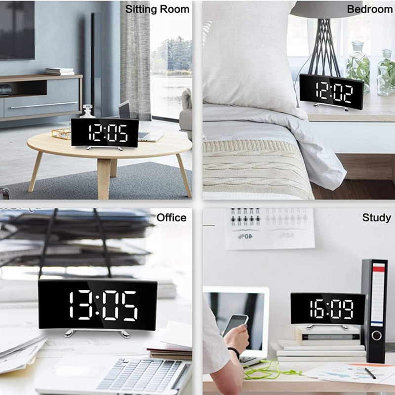 Geschwungener LED Wecker mit großem Digital-Display. Perfekte moderne Schlafzimmeruhr mit klarer Zeitanzeige.