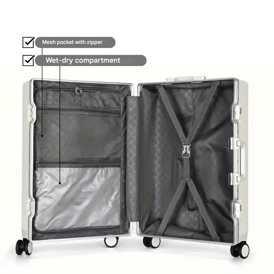Manhattan Pro: Eleganter Kabinenkoffer mit Aluminiumrahmen & Frontzugang für Laptop.
