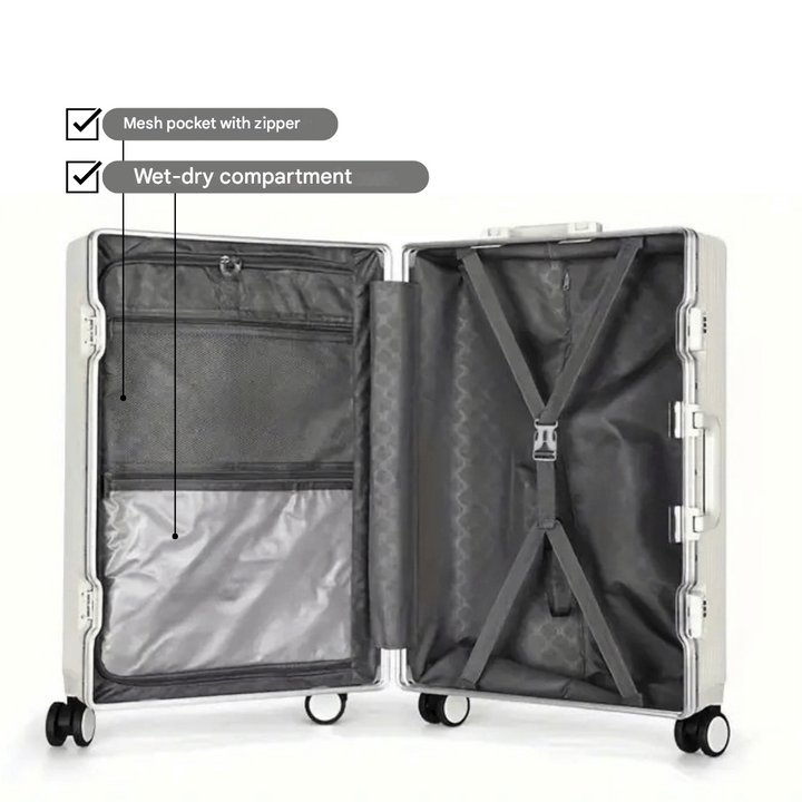 Manhattan Pro: Eleganter Kabinenkoffer mit Aluminiumrahmen & Frontzugang für Laptop.