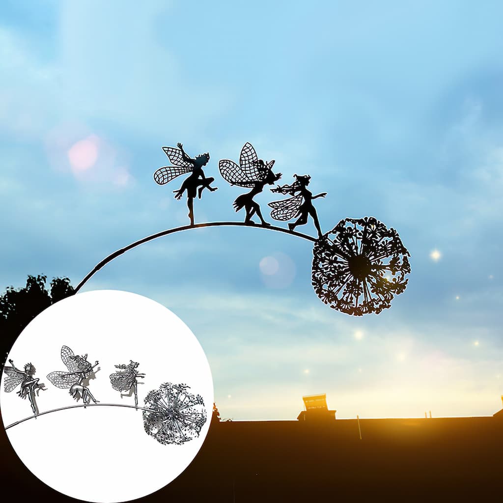Detailaufnahme der wetterfesten Gartenfigur Fee aus Metall, perfekt für die Gartendekoration.